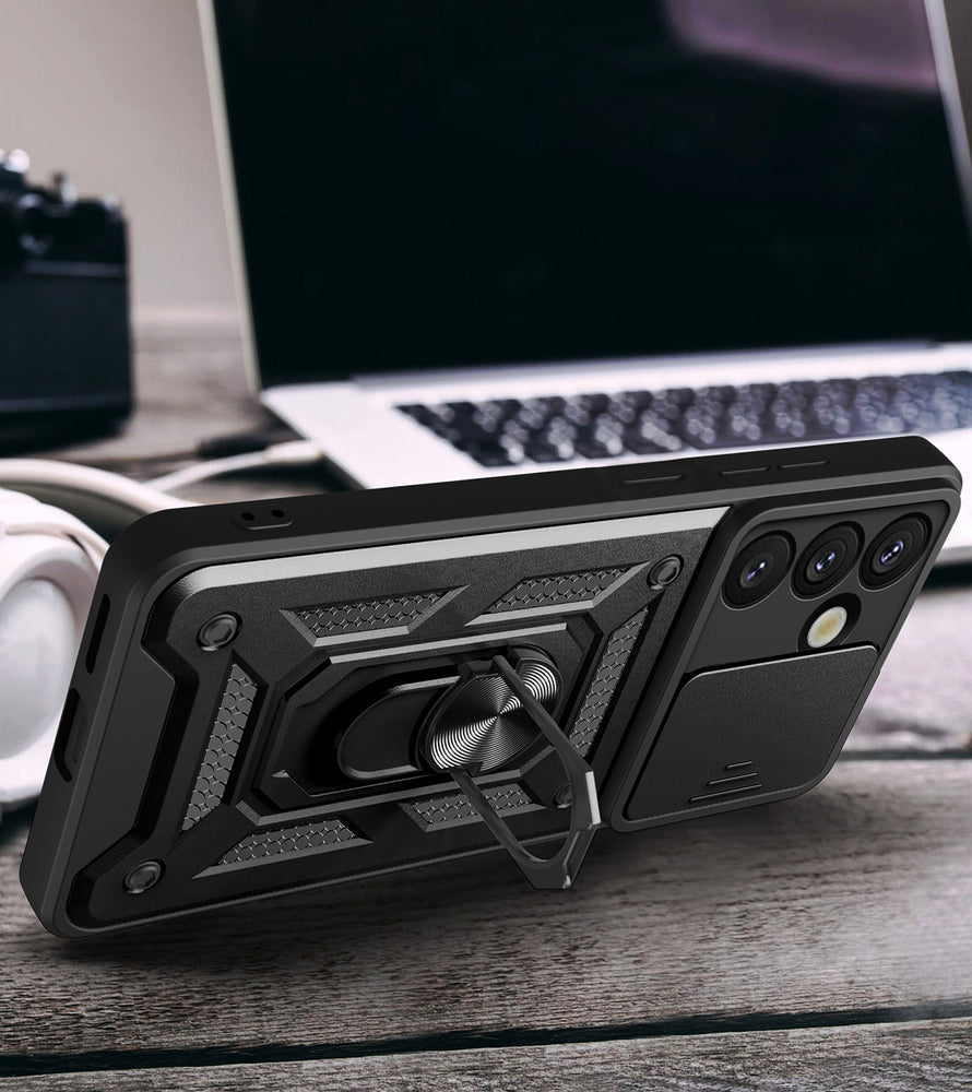 Hybrid Armor Camshield Case med Stand og Camera Cover til Realme 14 Pro+ 5G - sort