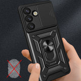Hybrid Armor Camshield Case med Stand og Camera Cover til Motorola Moto G05 4G / E15 4G - sort