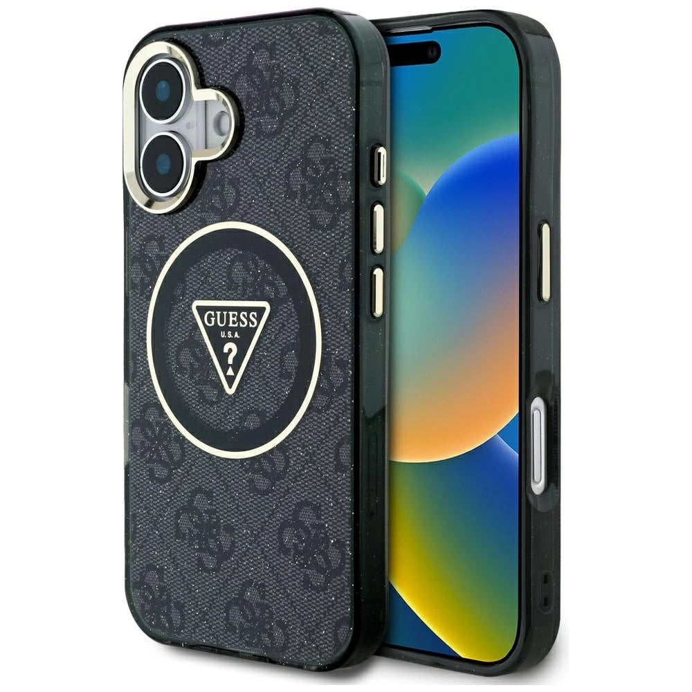 Guess IML Metal Glitter 4G Circle Triangle MagSafe Case til iPhone 16 - sort