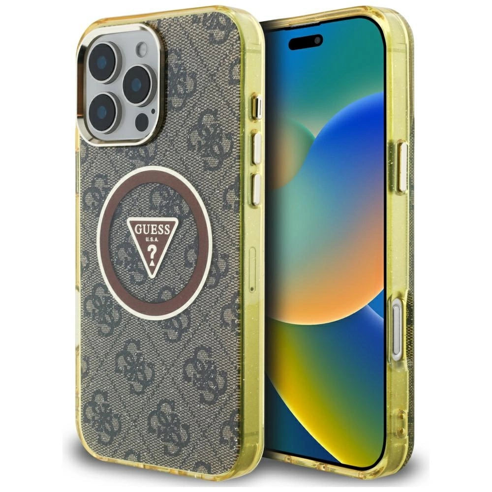 Guess IML Metal Glitter 4G Circle Triangle MagSafe Case til iPhone 16 Pro Max - Brunt