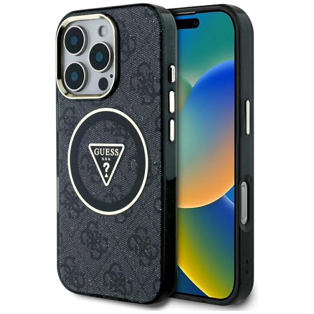Guess IML Metal Glitter 4G Circle Triangle MagSafe Case til iPhone 16 Pro Max - sort