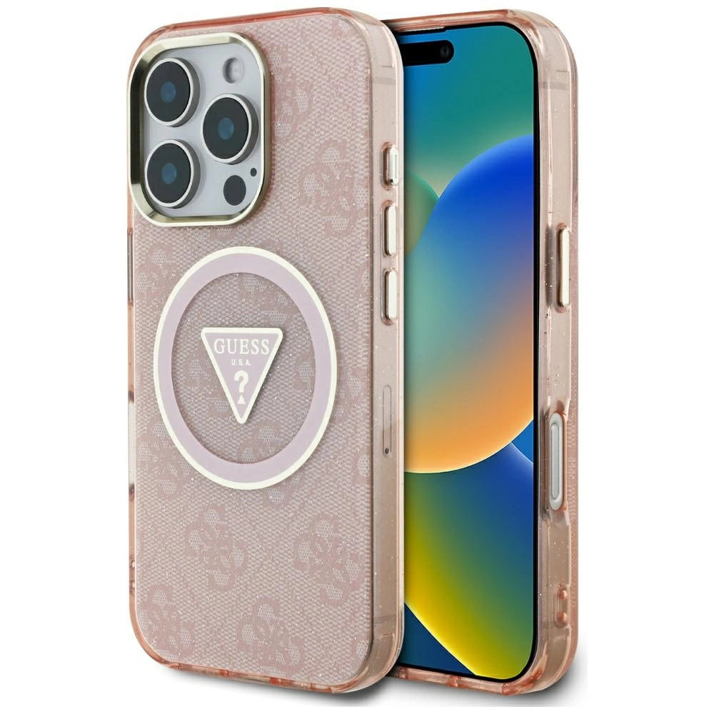 Guess IML Metal Glitter 4G Circle Triangle MagSafe Case til iPhone 16 Pro Max - Pink