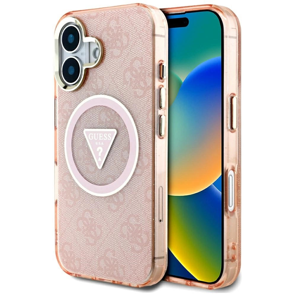 Guess IML Metal Glitter 4G Circle Triangle MagSafe-hylster til iPhone 16 - pink