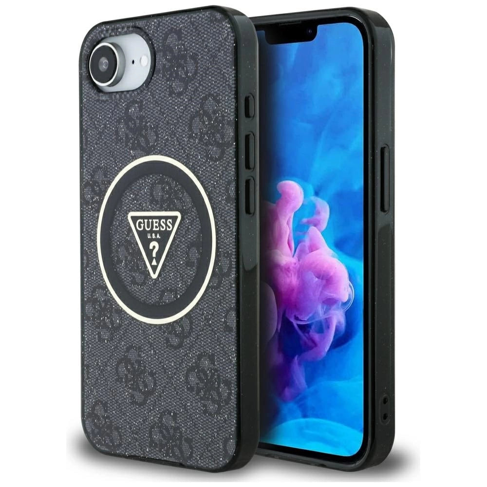 Guess IML Metal Glitter 4G Circle Triangle MagSafe Case til iPhone 16e - sort