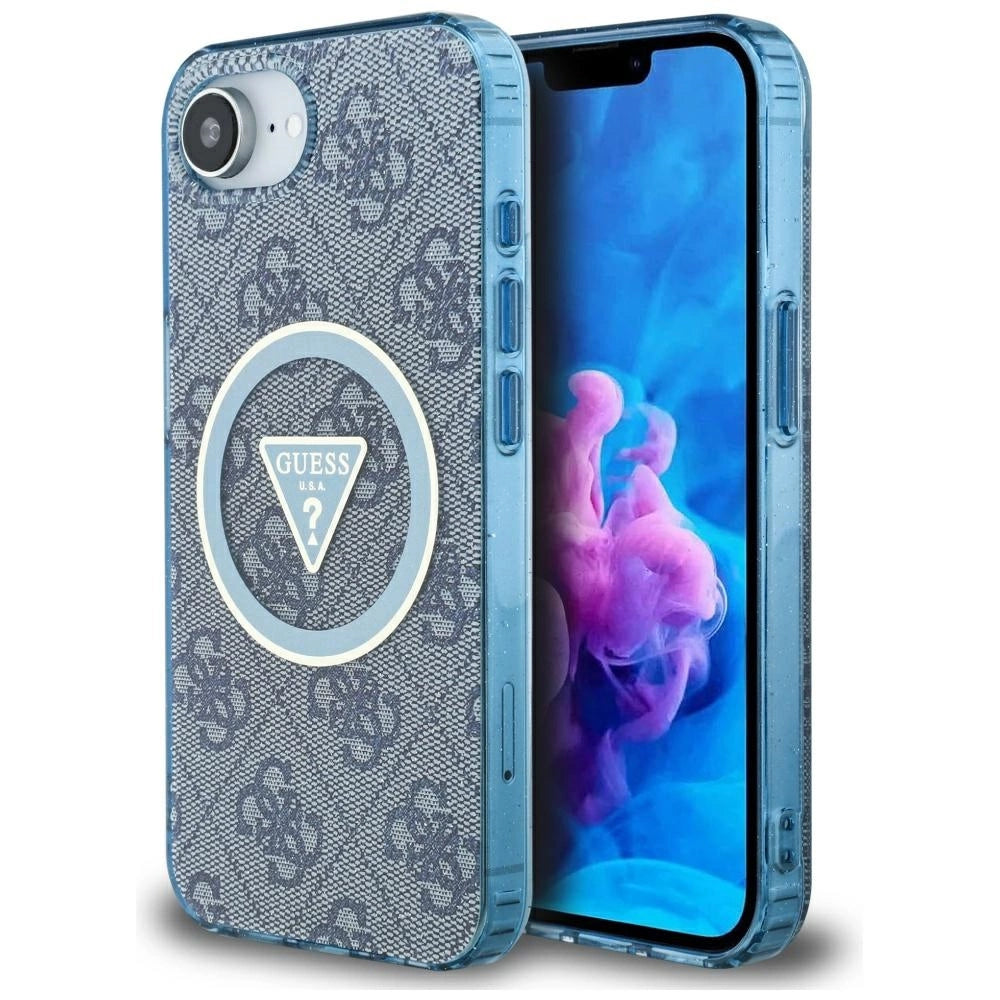 Guess IML Metal Glitter 4G Circle Triangle MagSafe Case til iPhone 16e - Blå