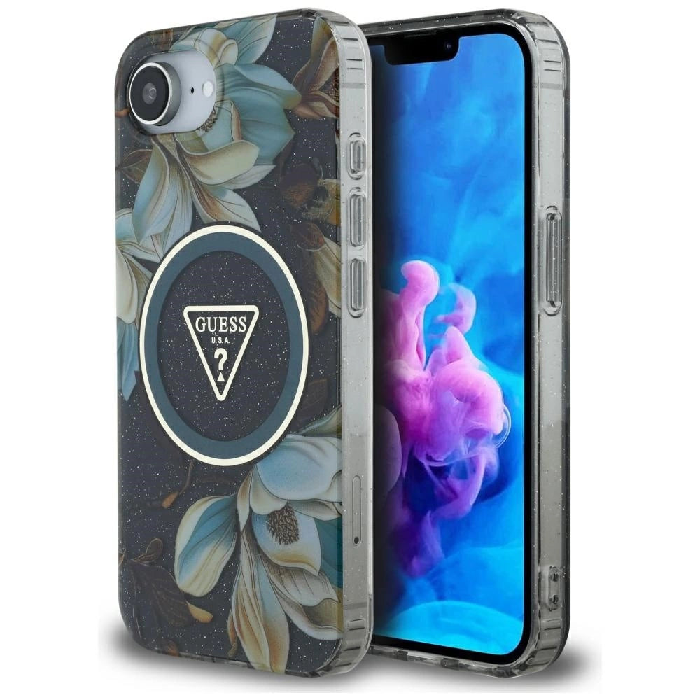 Guess IML Metal Glitter Flowers Triangle MagSafe-hylster til iPhone 16e - sort