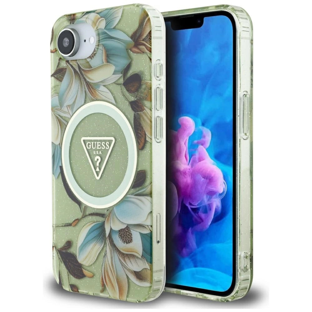 Guess IML Metal Glitter Flowers Triangle MagSafe iPhone 16e Case - Grøn