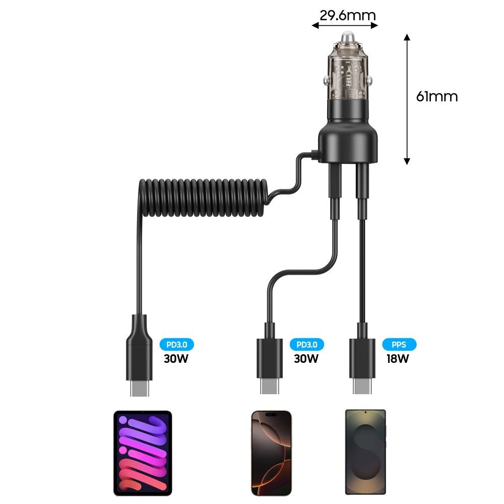 CC05 Biloplader 2-port PD60 W + USB-C-kabel - sort