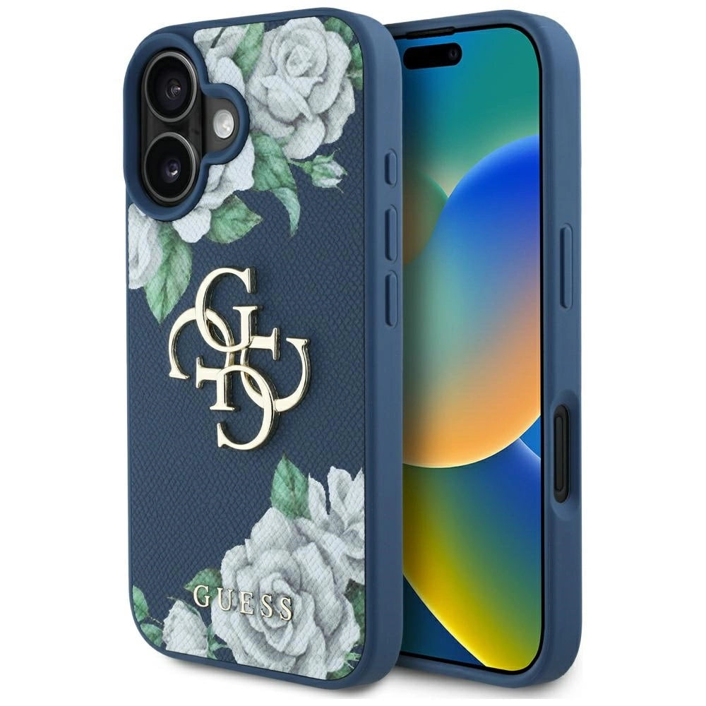 Guess Grained Roses Store 4G-logo-hylster til iPhone 16 - blå