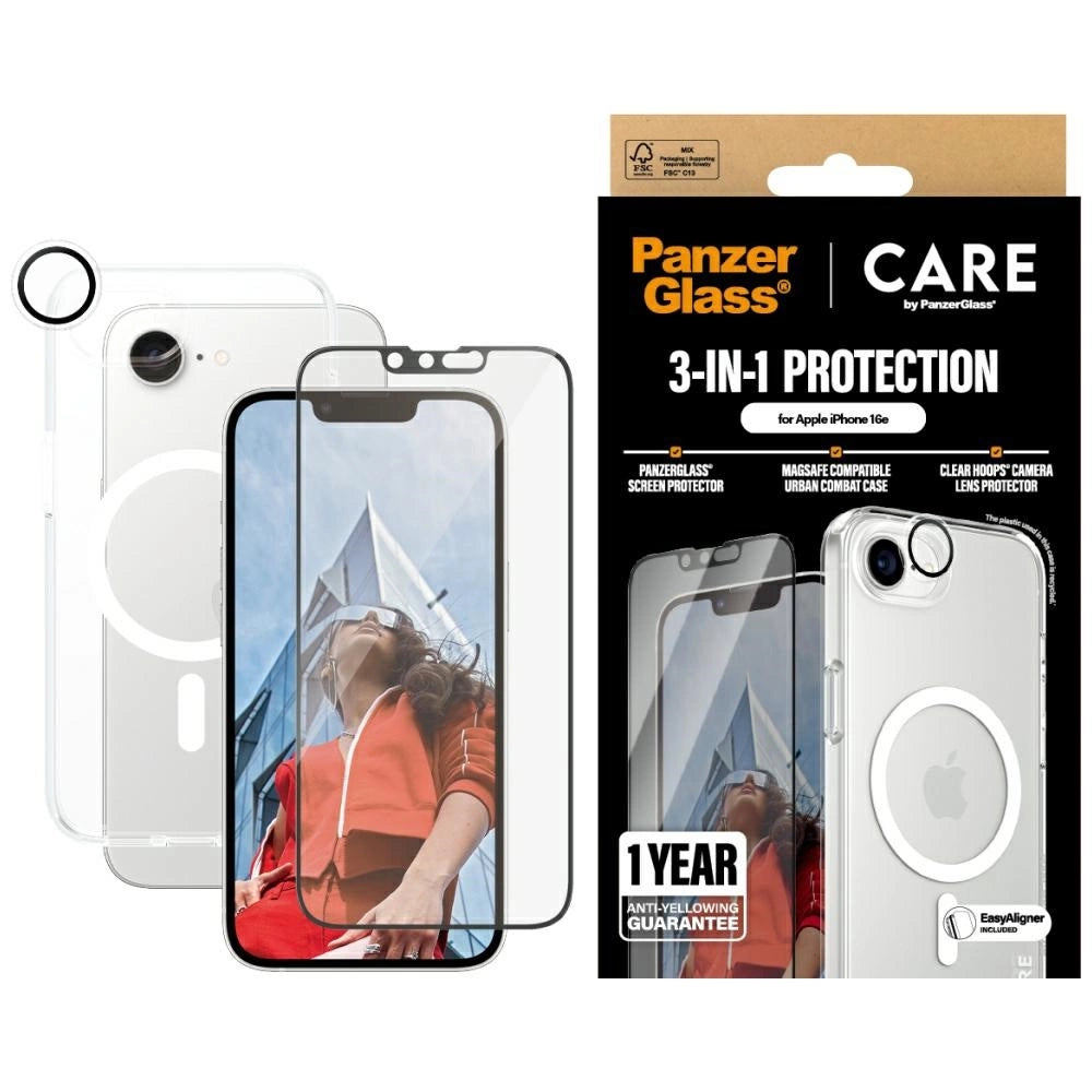 CARE af PanzerGlass Flagship 3in1 Case + Glass + Lens til iPhone 16e - gennemsigtig