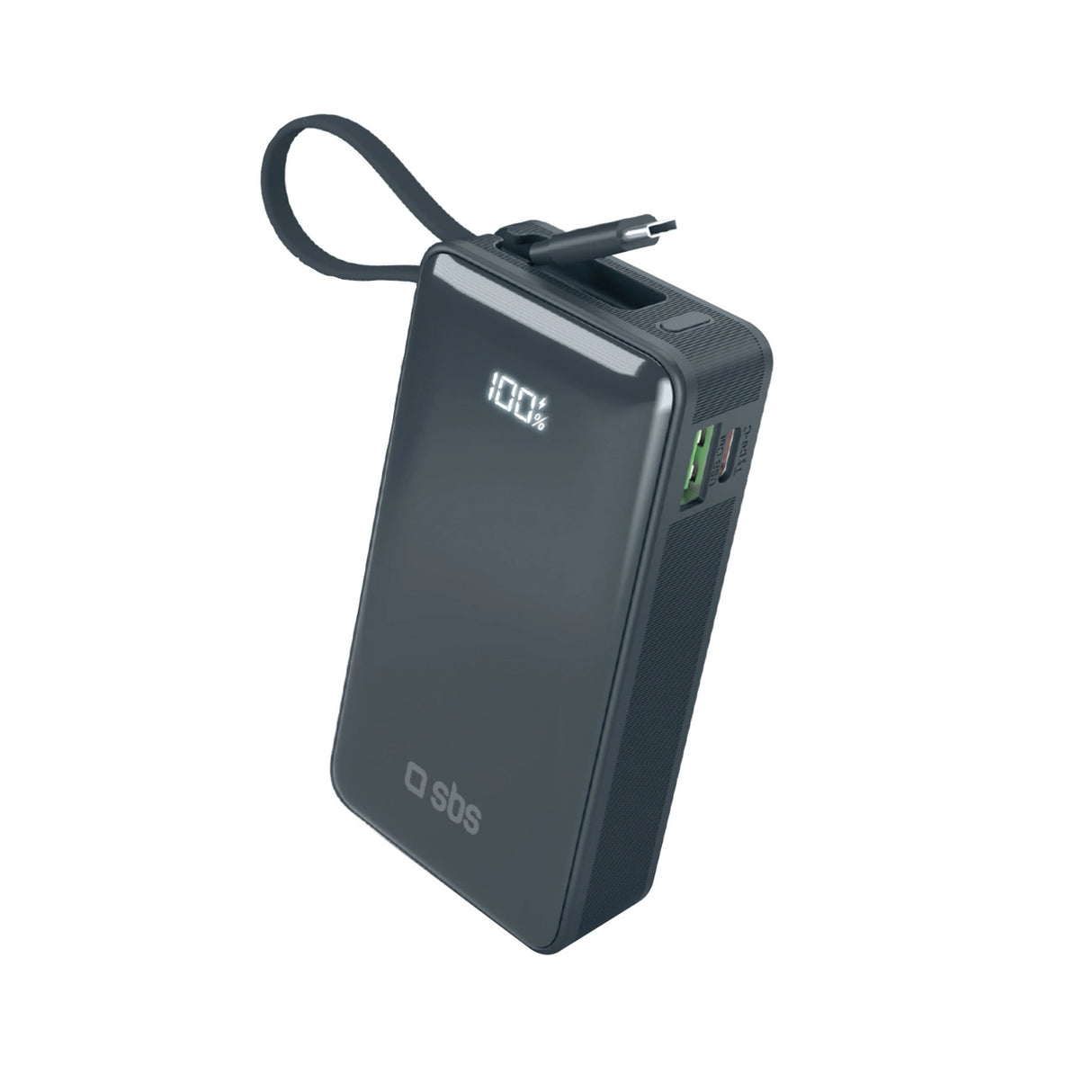 Powerbank SBS 10000 mAh 20W med indbygget USB-C-kabel og digital skærm - mørkegrå