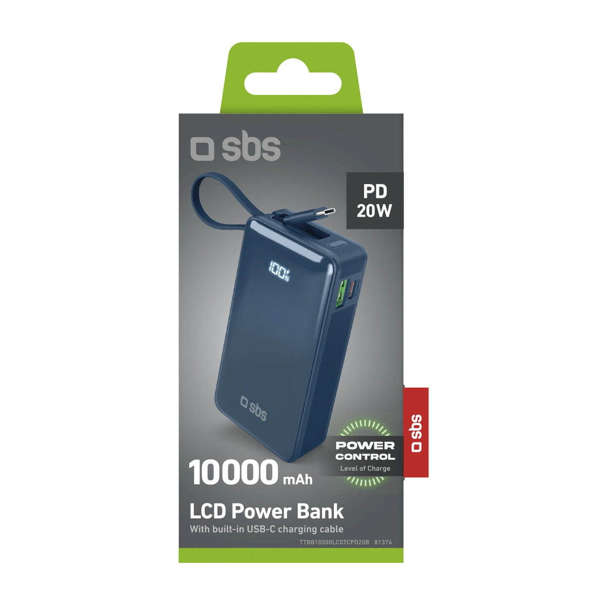 Powerbank SBS 10000 mAh 20W med indbygget USB-C-kabel og digital skærm - mørkegrå