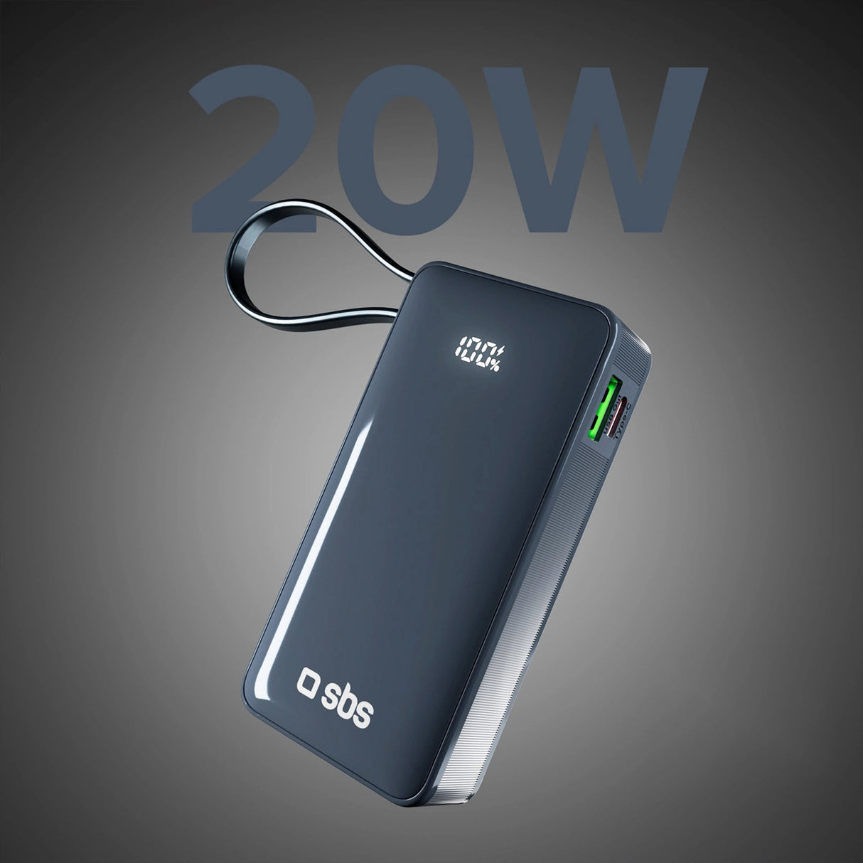 Powerbank SBS 10000 mAh 20W med indbygget USB-C-kabel og digital skærm - mørkegrå