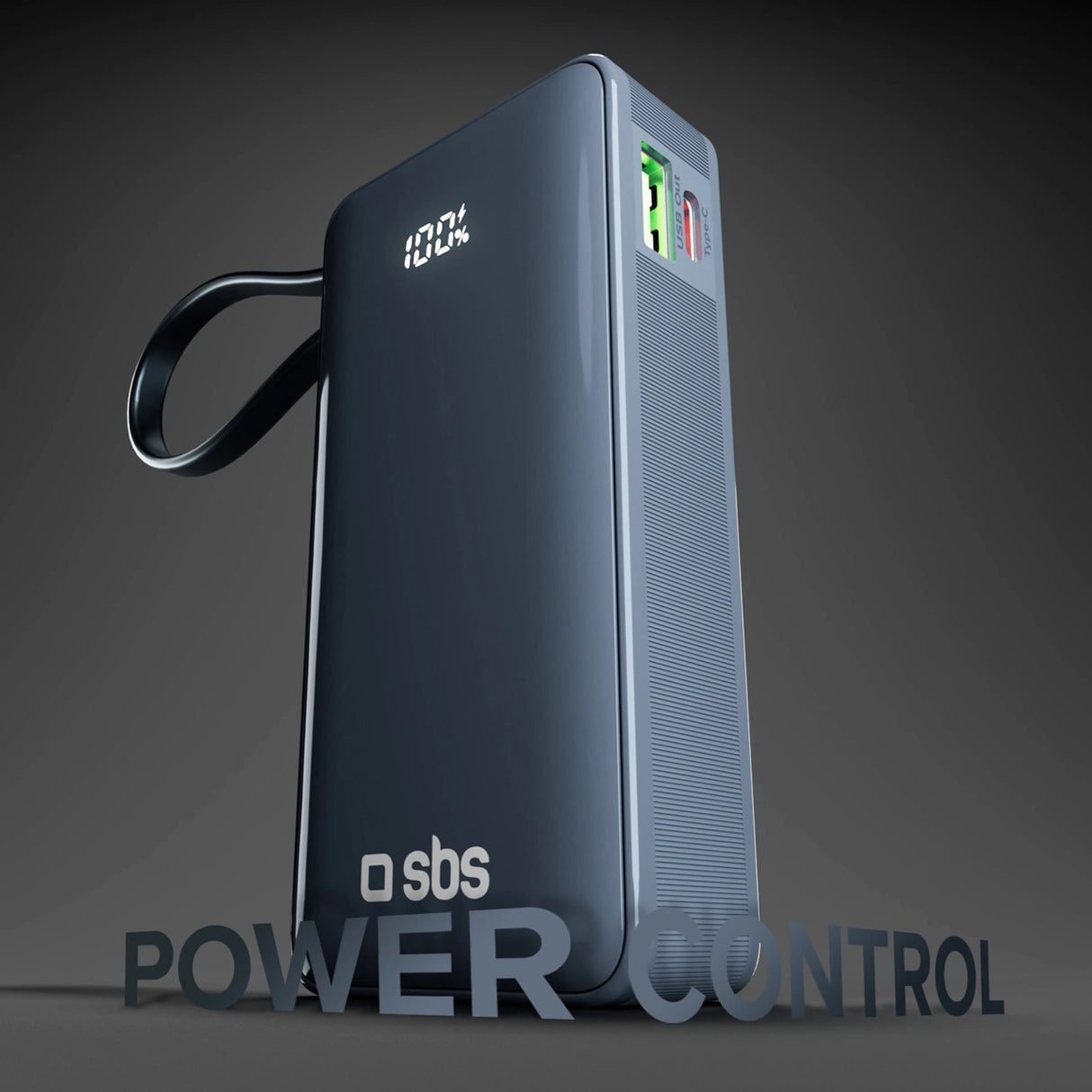 Powerbank SBS 10000 mAh 20W med indbygget USB-C-kabel og digital skærm - mørkegrå