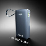 Powerbank SBS 10000 mAh 20W med indbygget USB-C-kabel og digital skærm - mørkegrå