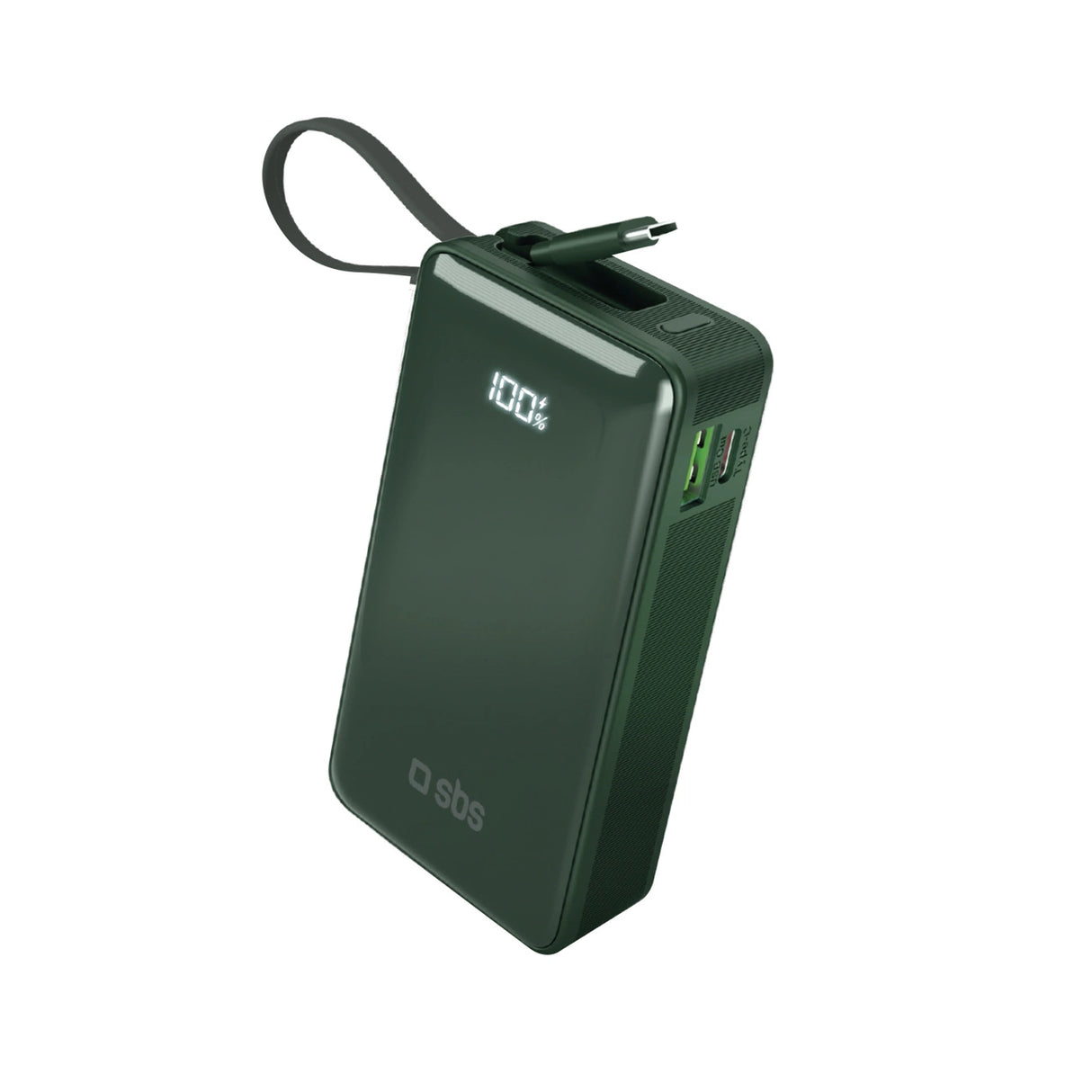 Powerbank SBS 10000 mAh 20W med indbygget USB-C-kabel og digital skærm - grøn
