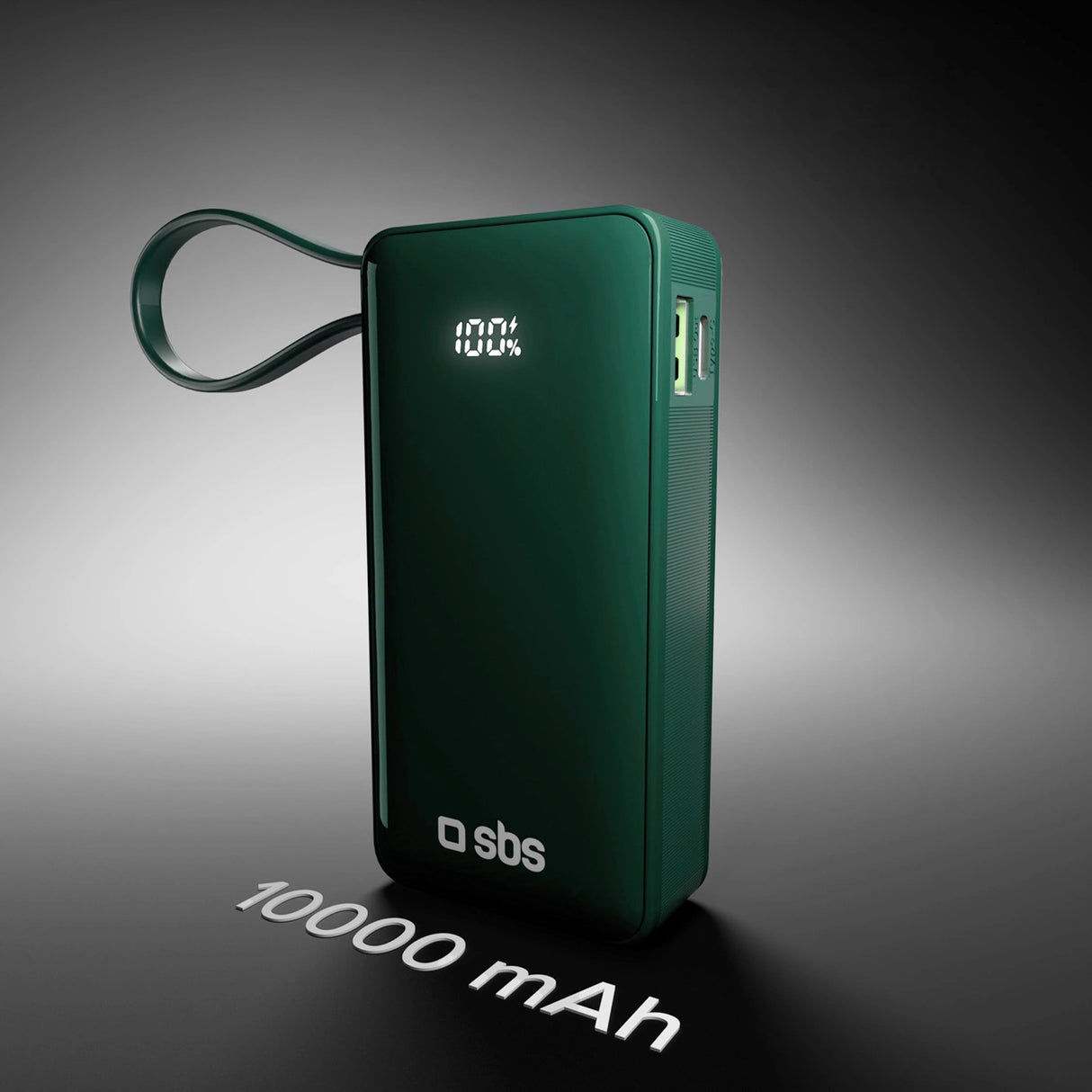 Powerbank SBS 10000 mAh 20W med indbygget USB-C-kabel og digital skærm - grøn