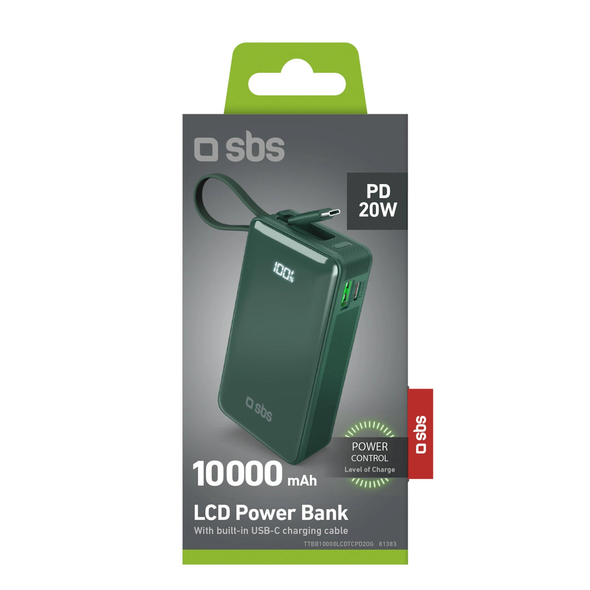 Powerbank SBS 10000 mAh 20W med indbygget USB-C-kabel og digital skærm - grøn