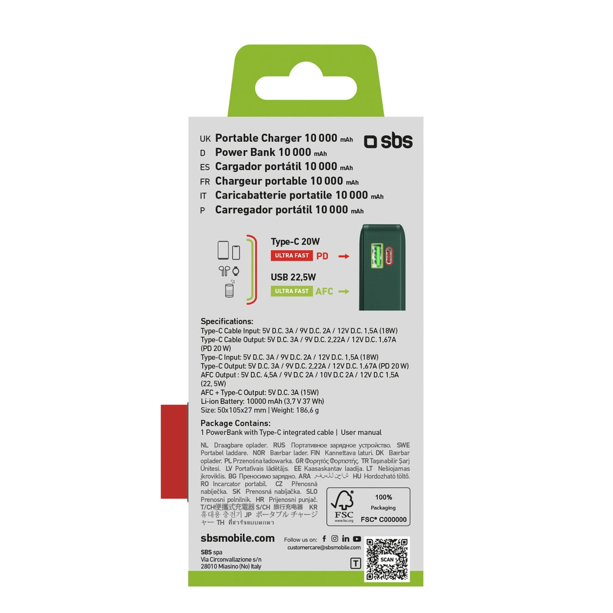 Powerbank SBS 10000 mAh 20W med indbygget USB-C-kabel og digital skærm - grøn