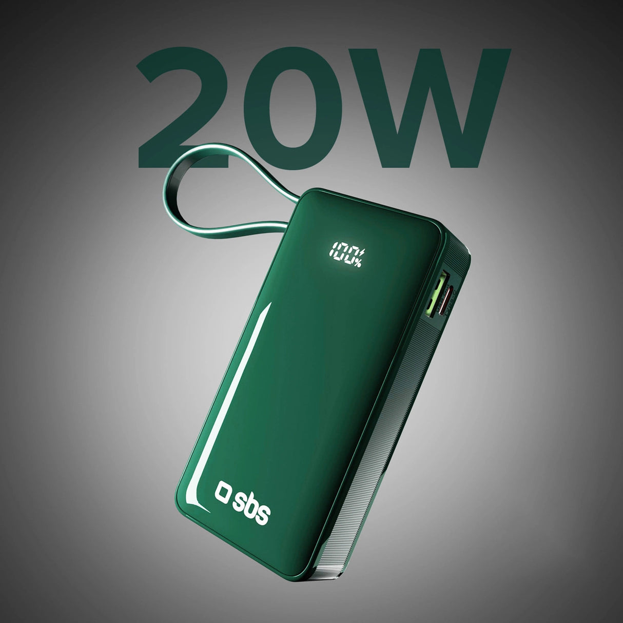 Powerbank SBS 10000 mAh 20W med indbygget USB-C-kabel og digital skærm - grøn