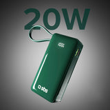 Powerbank SBS 10000 mAh 20W med indbygget USB-C-kabel og digital skærm - grøn