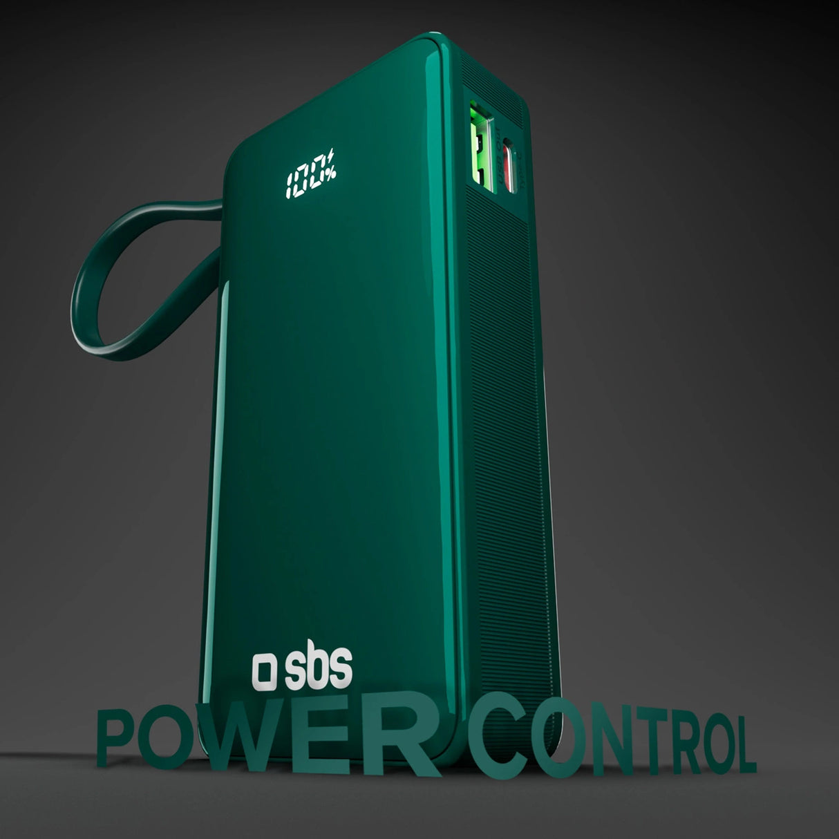 Powerbank SBS 10000 mAh 20W med indbygget USB-C-kabel og digital skærm - grøn