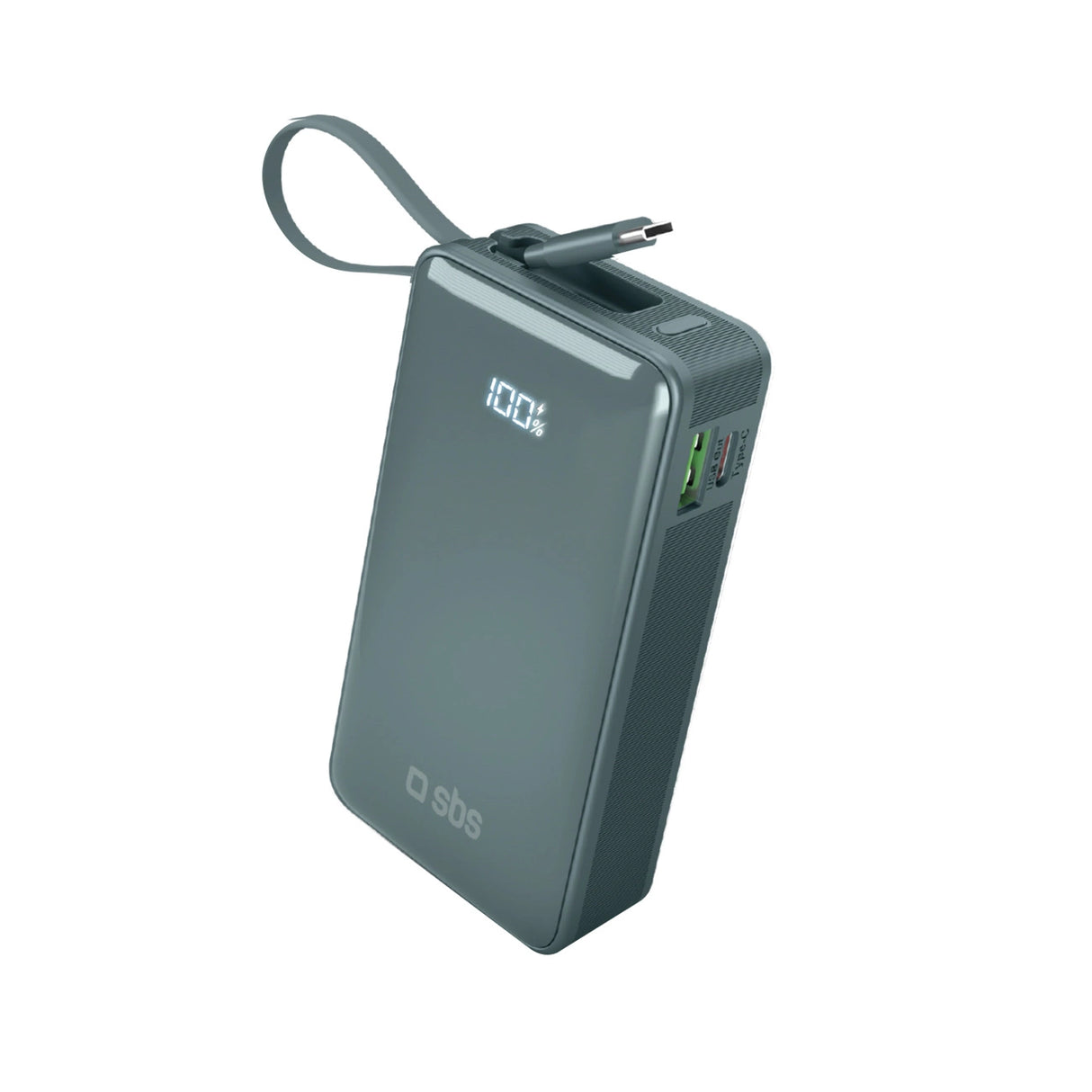 Powerbank SBS 10000 mAh 20W med indbygget USB-C-kabel og digital skærm - grå