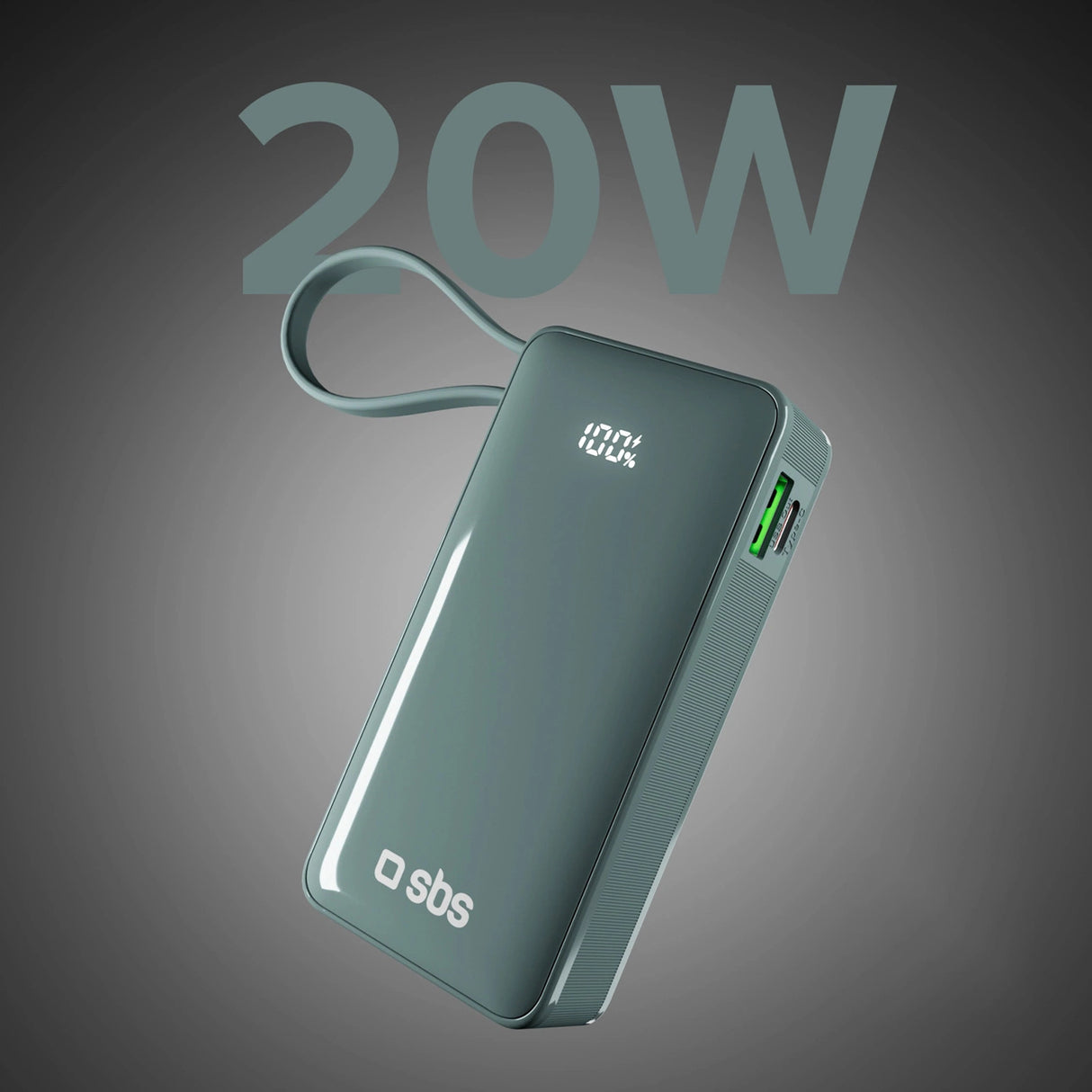 Powerbank SBS 10000 mAh 20W med indbygget USB-C-kabel og digital skærm - grå