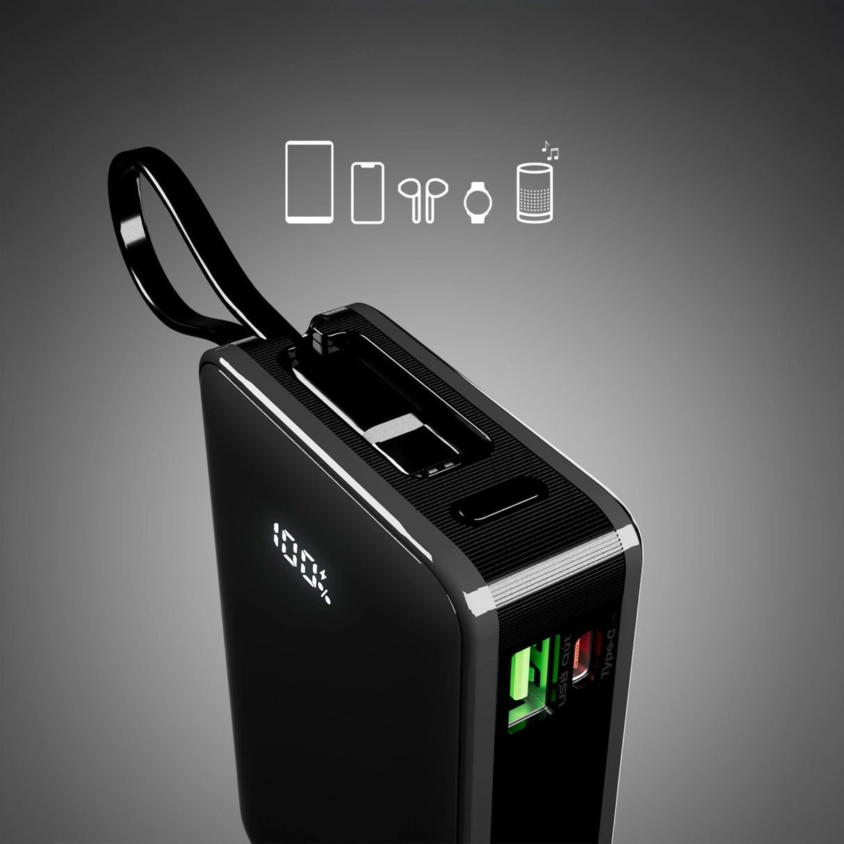 Powerbank SBS 20000 mAh 20W med indbygget USB-C-kabel og digital skærm - sort