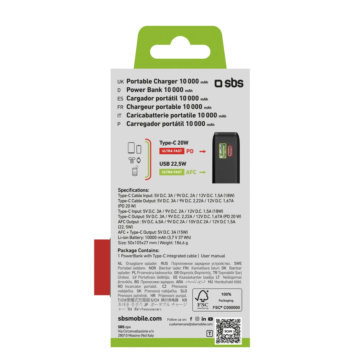 Powerbank SBS 10000 mAh 20W med indbygget USB-C-kabel og digital skærm - sort