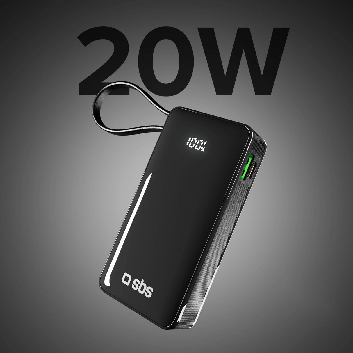 Powerbank SBS 10000 mAh 20W med indbygget USB-C-kabel og digital skærm - sort