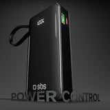 Powerbank SBS 10000 mAh 20W med indbygget USB-C-kabel og digital skærm - sort