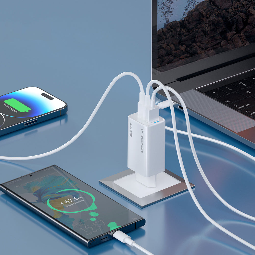 Wozinsky GaN 65W oplader med 2xUSB-C USB-porte med 65W CC kabel - hvid