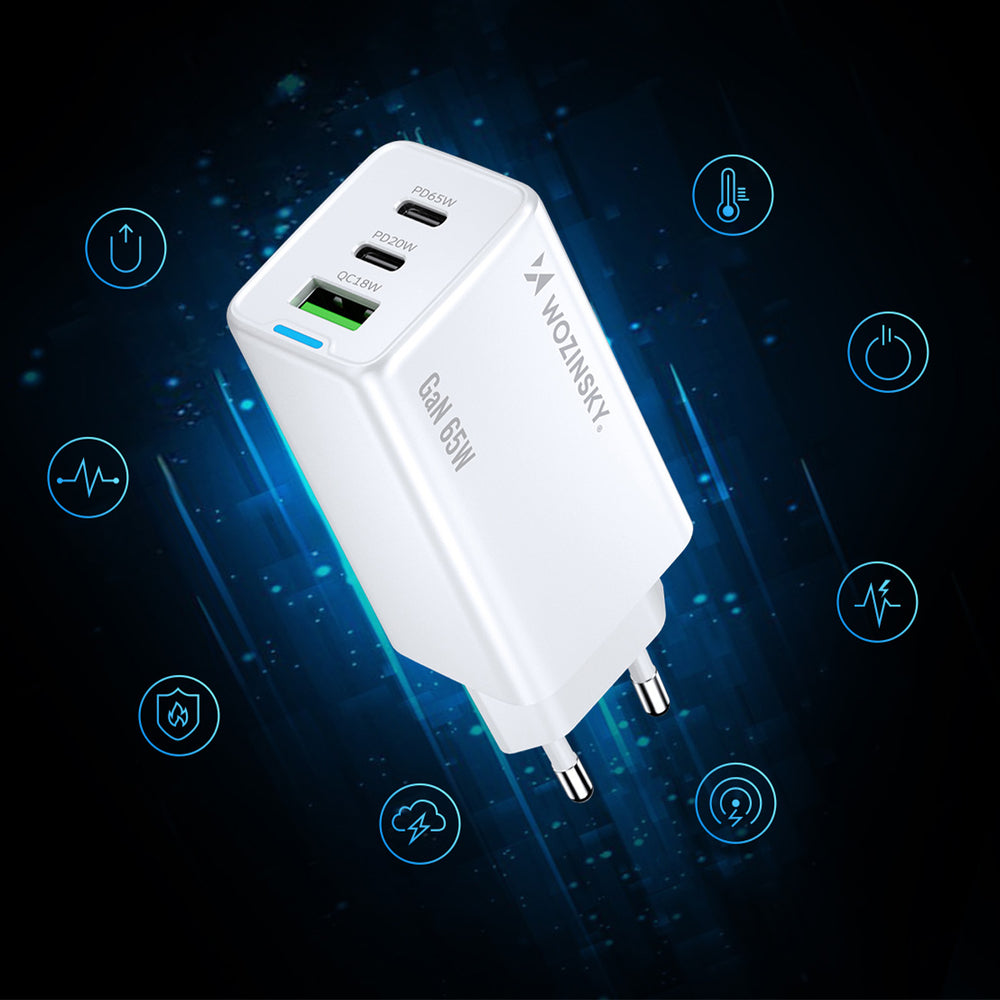 Wozinsky GaN 65W oplader med 2xUSB-C USB-porte med 65W CC kabel - hvid