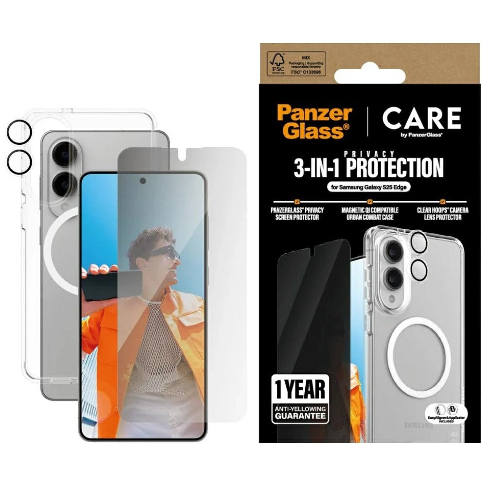 CARE af PanzerGlass Flagship 3in1 Case + Privacy Glass + Lens til Samsung Galaxy S25 Edge - gennemsigtig