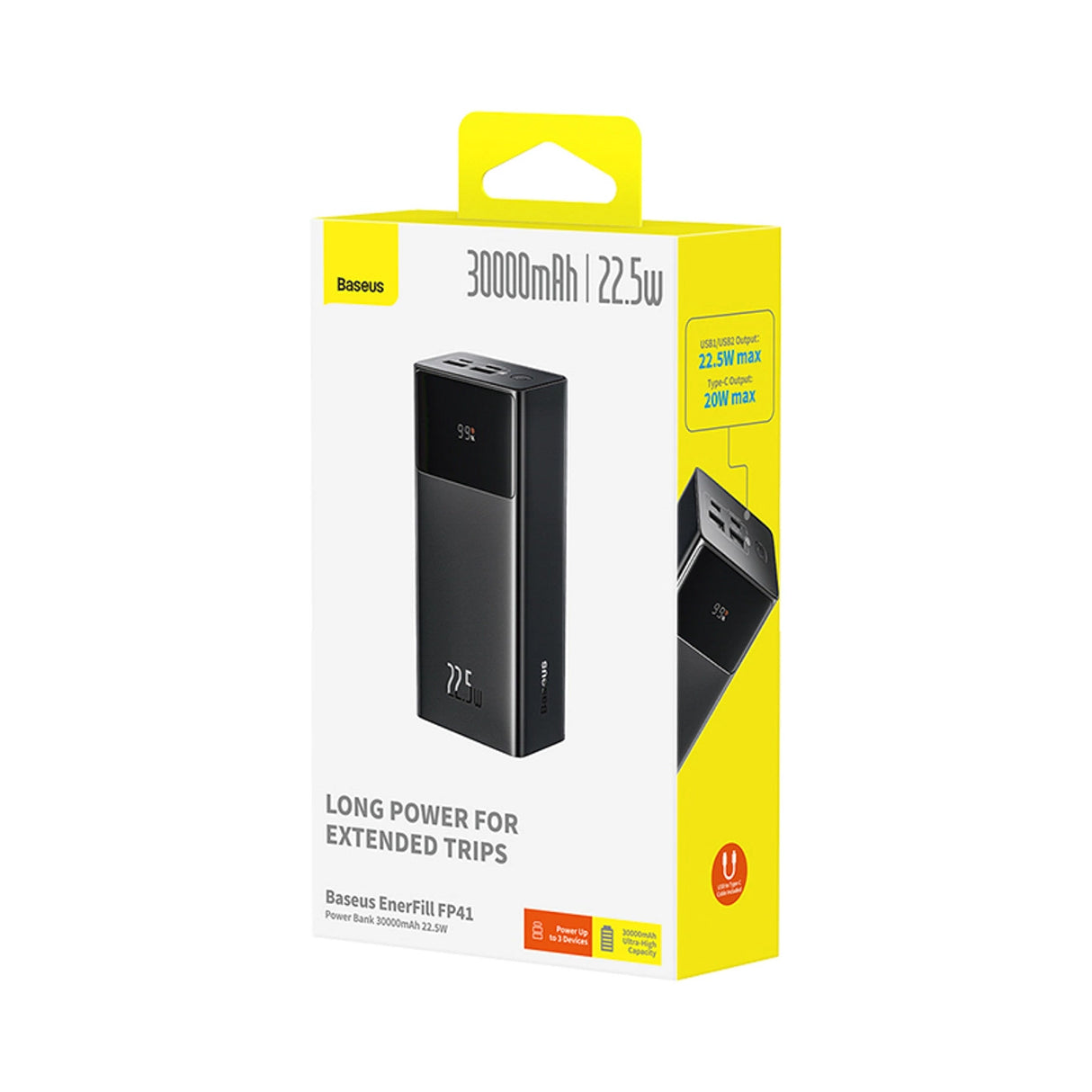 Baseus EnerFill FP41 30000mAh 22.5W Power Bank med Baseus Simple USB-A - USB-C 3A 30cm Kabel - sort