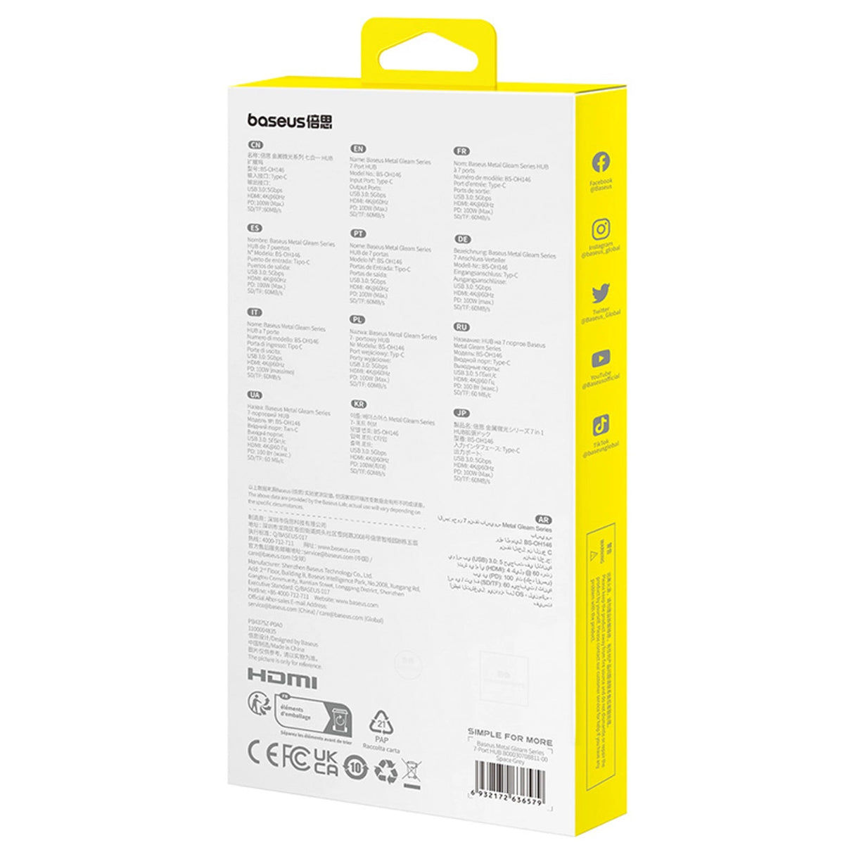 Baseus Metal Gleam 7in1 HDMI 4K 60Hz USB-C Hub / 3x USB 3.0 / USB-C PD / SD / microSD - Grå