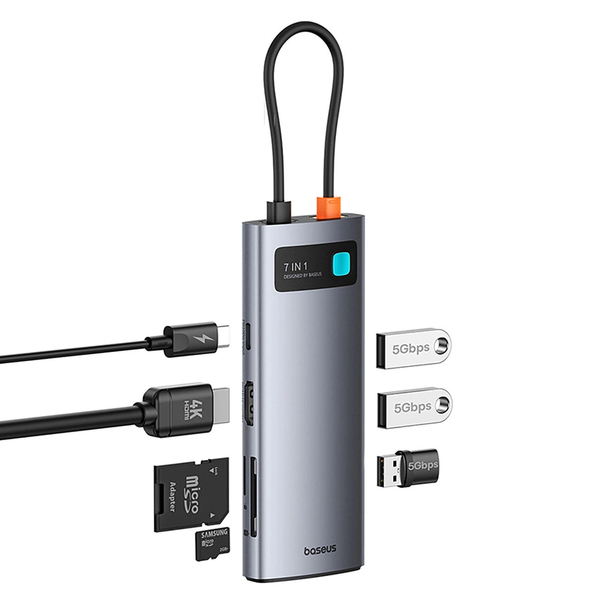 Baseus Metal Gleam 7in1 HDMI 4K 60Hz USB-C Hub / 3x USB 3.0 / USB-C PD / SD / microSD - Grå