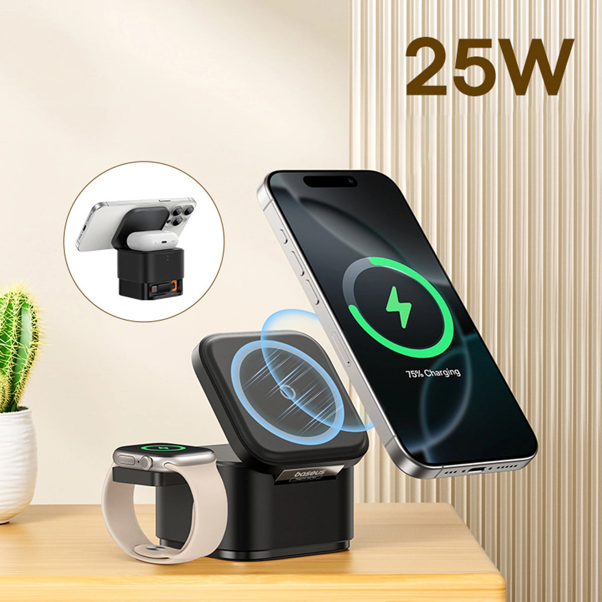 Baseus MagPro 3in1 25W MagSafe kompatibel induktiv oplader til telefon og smartwatch - sort