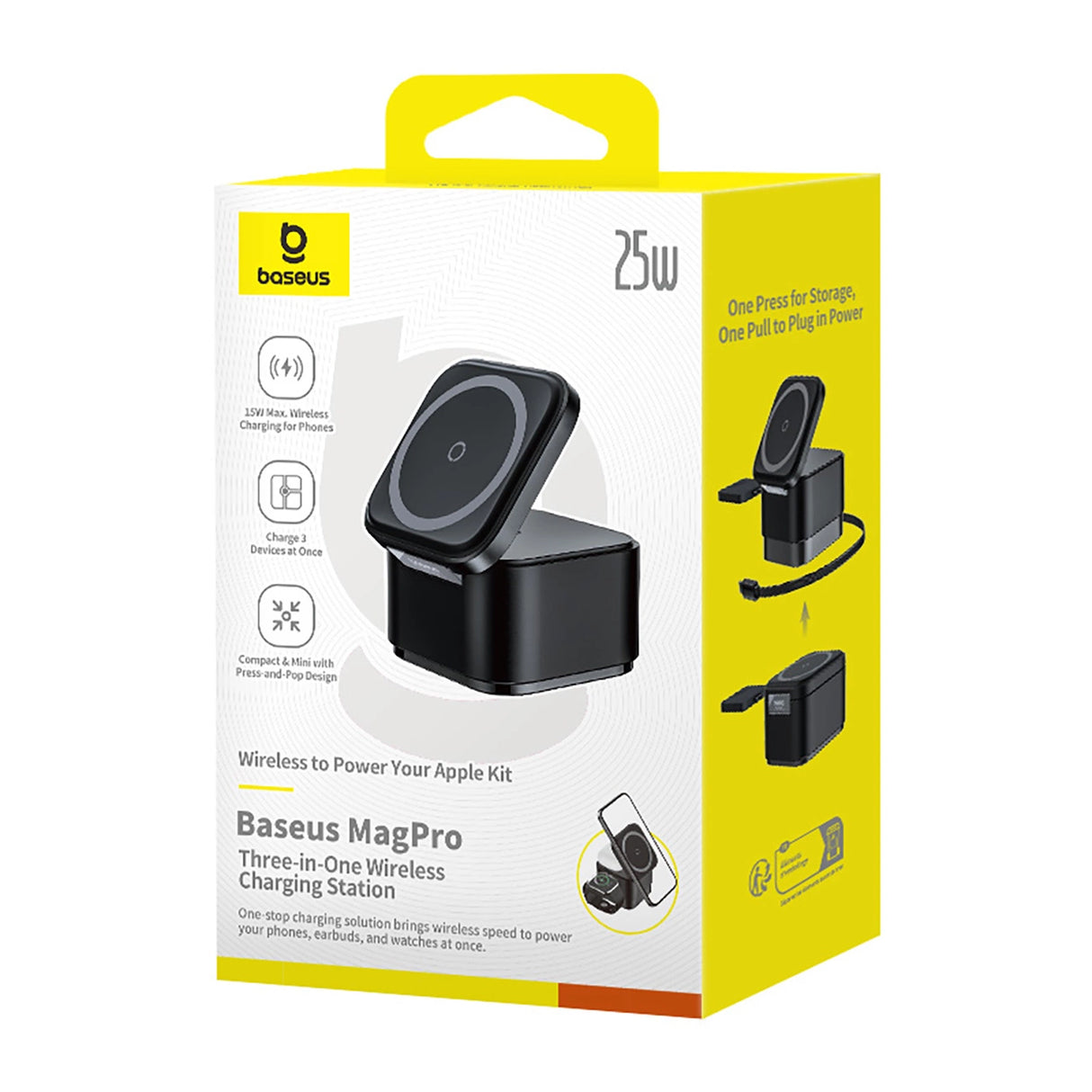 Baseus MagPro 3in1 25W MagSafe kompatibel induktiv oplader til telefon og smartwatch - sort