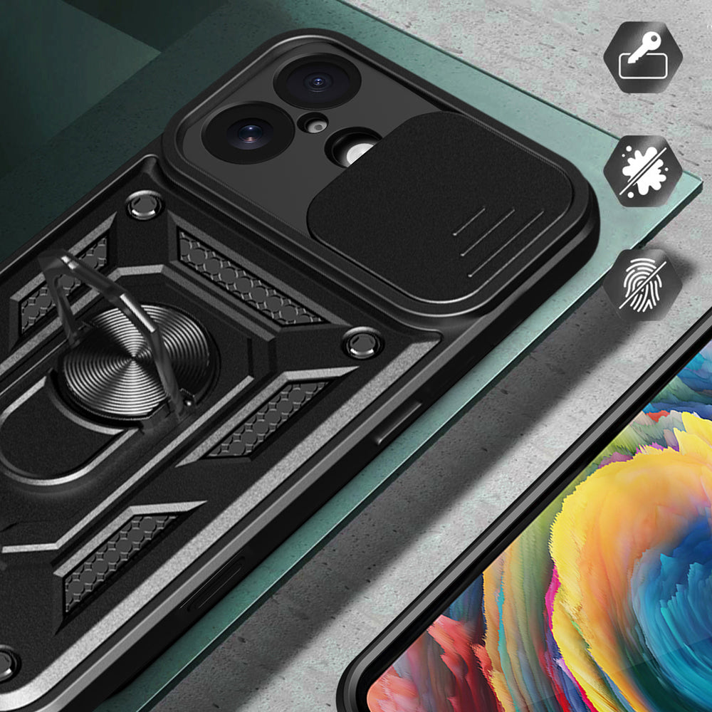 Hybrid Armor Camshield iPhone 17 Case med Stand og Camera Cover - sort