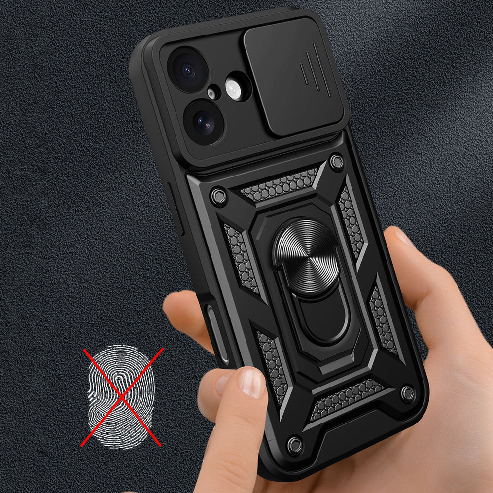 Hybrid Armor Camshield iPhone 17 Case med Stand og Camera Cover - sort
