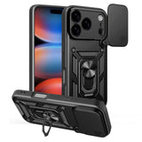 Hybrid Armor Camshield Case til iPhone 17 Pro Max med Stand og Camera Cover - sort