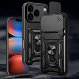 Hybrid Armor Camshield Case til iPhone 17 Pro Max med Stand og Camera Cover - sort