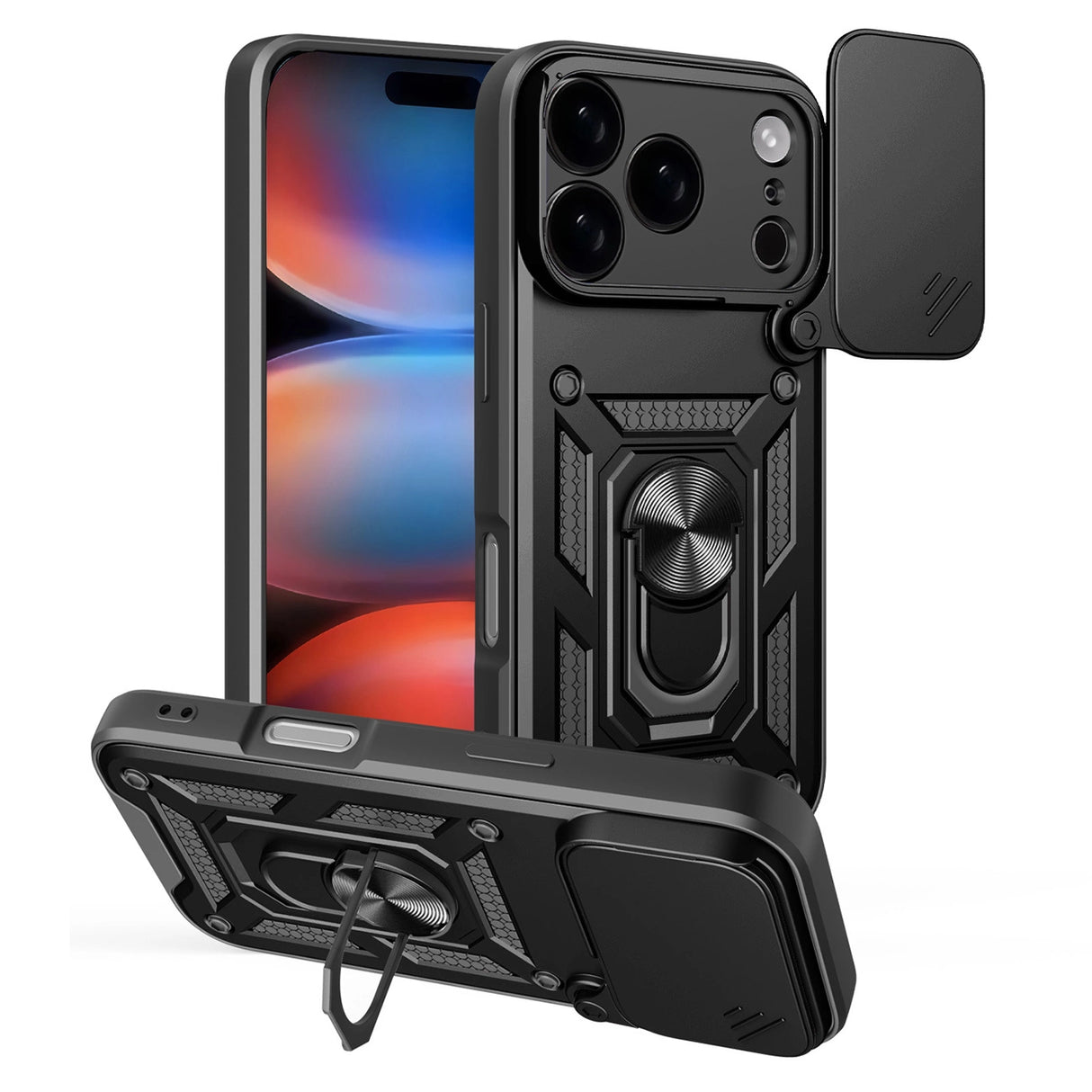 Hybrid Armor Camshield Case til iPhone 17 Pro Max med Stand og Camera Cover - sort
