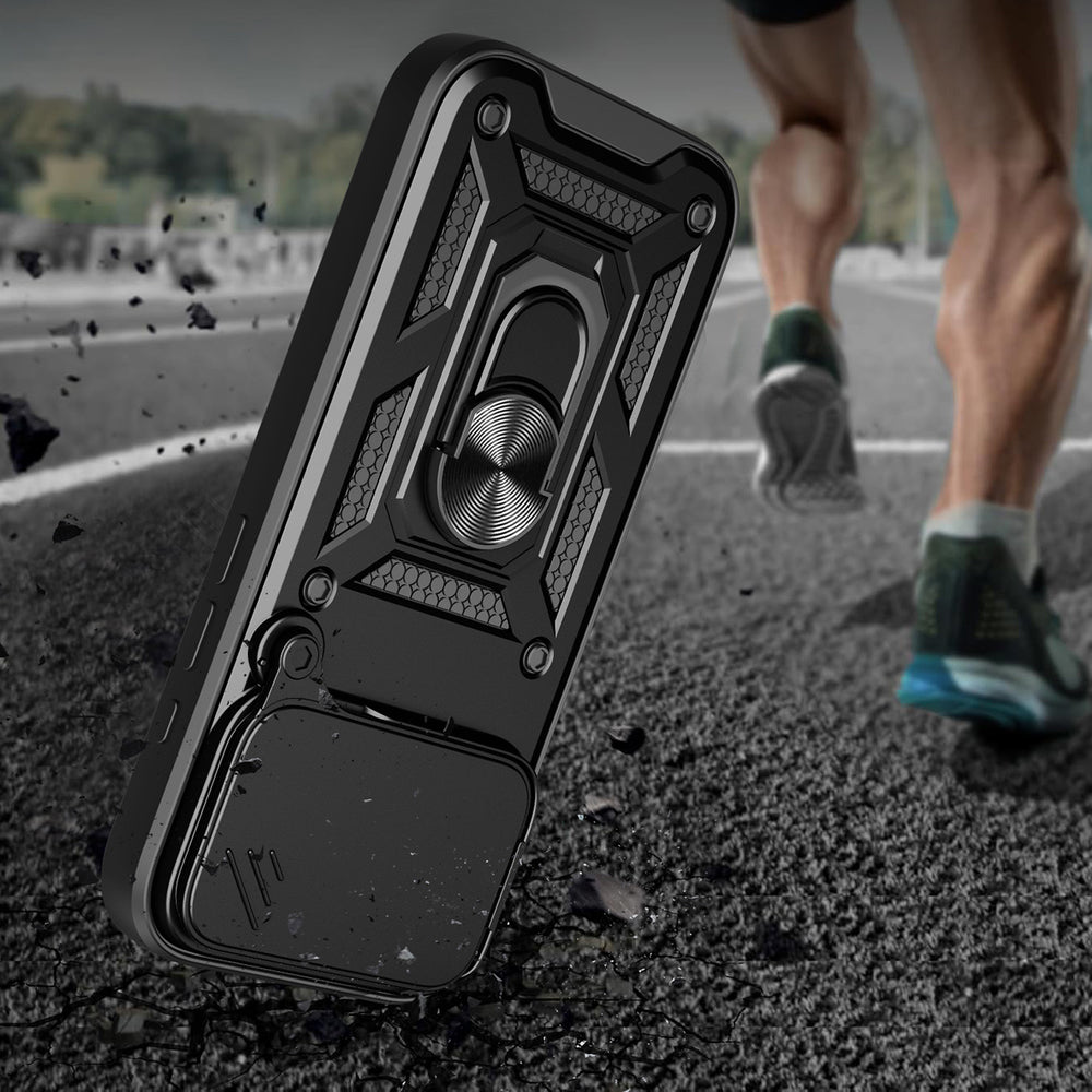 Hybrid Armor Camshield Case til iPhone 17 Pro Max med Stand og Camera Cover - sort