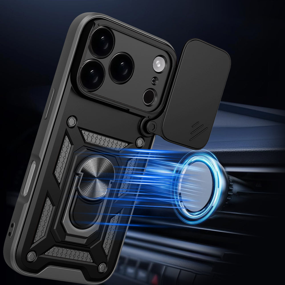 Hybrid Armor Camshield Case til iPhone 17 Pro Max med Stand og Camera Cover - sort