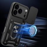 Hybrid Armor Camshield Case til iPhone 17 Pro Max med Stand og Camera Cover - sort