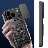 Hybrid Armor Camshield Case til iPhone 17 Pro Max med Stand og Camera Cover - sort