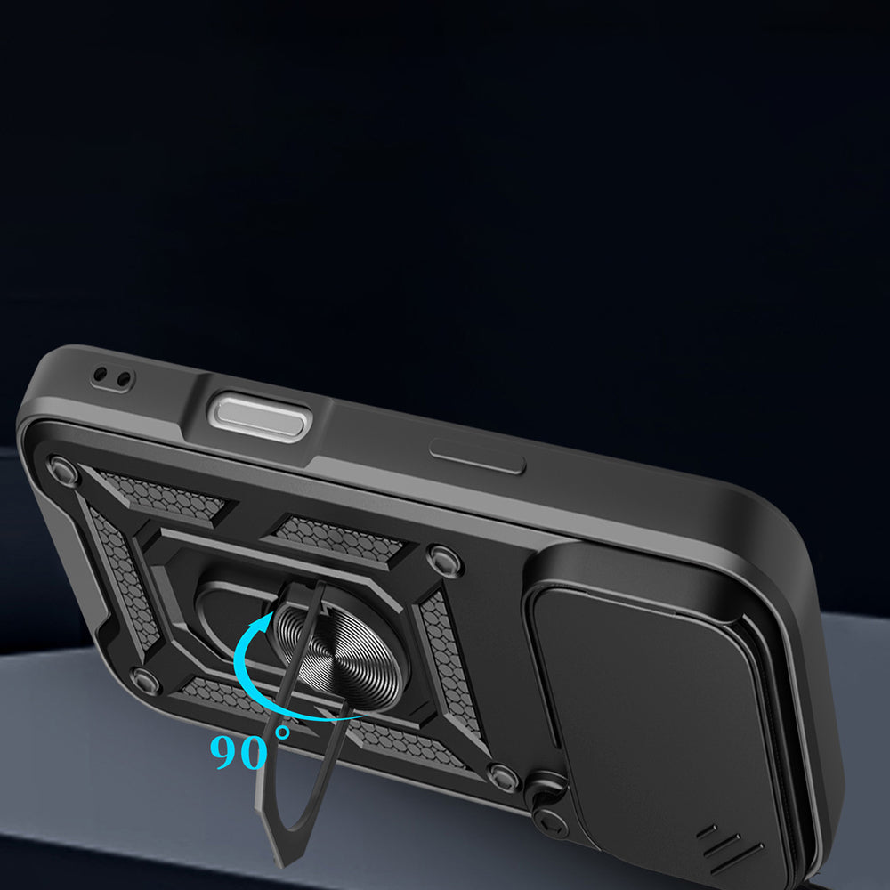 Hybrid Armor Camshield Case til iPhone 17 Pro Max med Stand og Camera Cover - sort